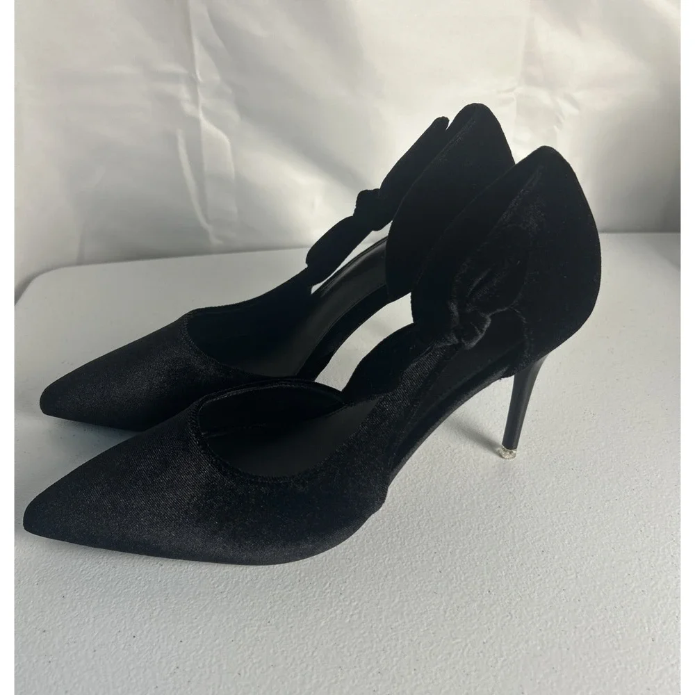 Coutgo Black‎ Velvet Bow Pumps Pointed Toe D'Orsay Stiletto Heels Size 8.5 NIB